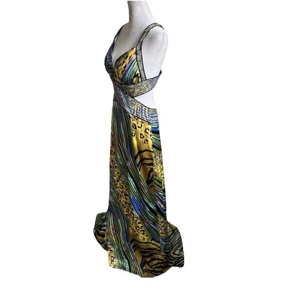 Cache Beaded Sequined Satin Gown Dress women's 4 Y2K Cut Out Peacock Gypsy - Picture 2 of 16